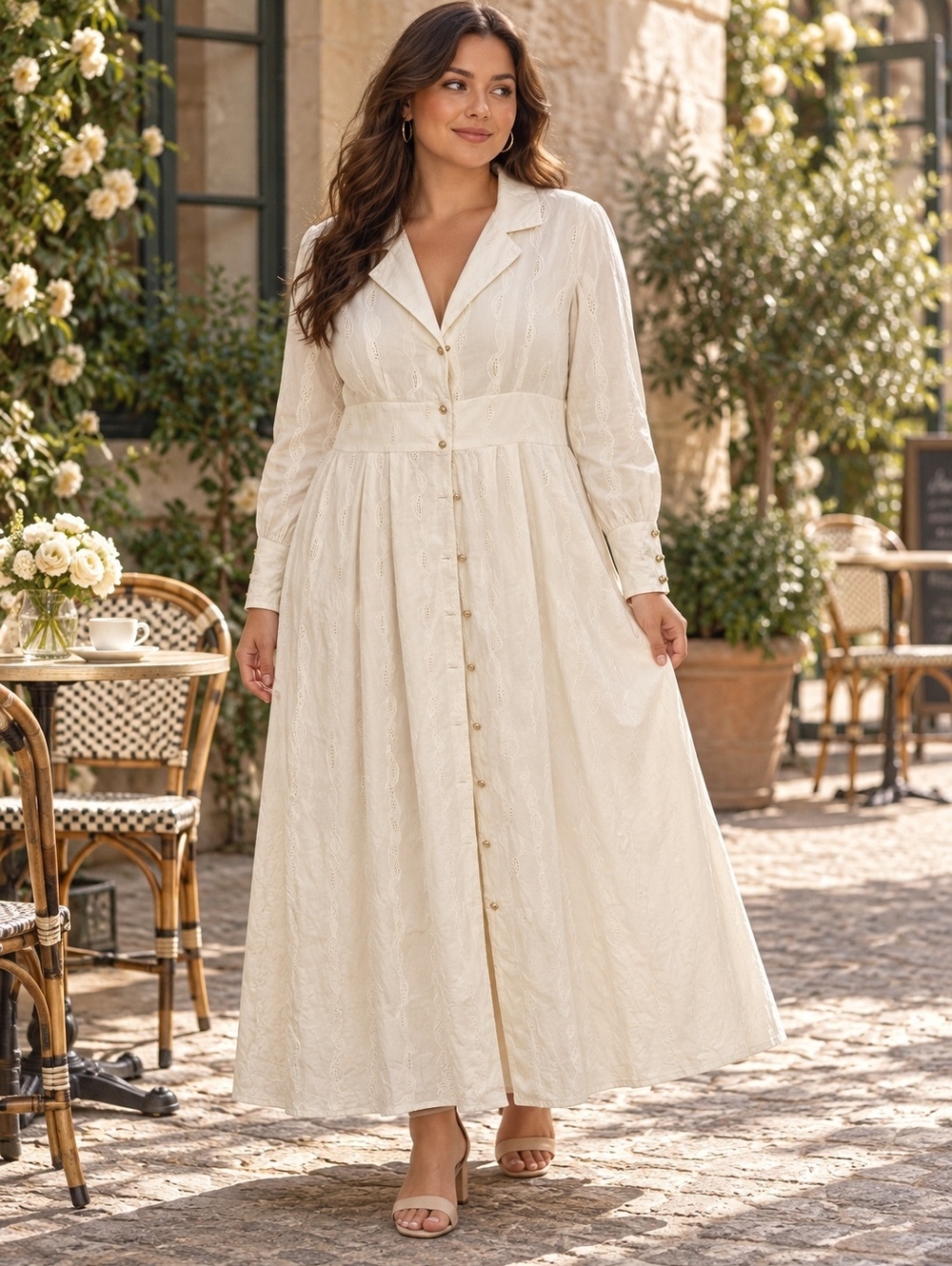 Simple Retro Ivory Eyelet Embroidered Cotton Maxi Shirt Dress XL